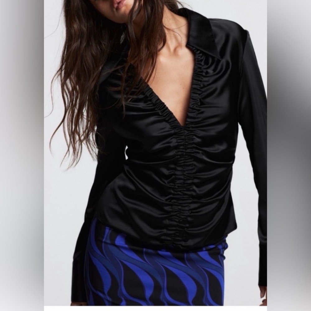 ZARA Collared Satin Ruched Front w/ Side Zipper Top